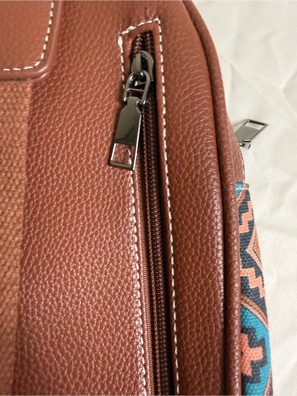 Wan & Kelo Teal Aztec Patterned Belt Bag with Brown Strap - Picture 6 of 10